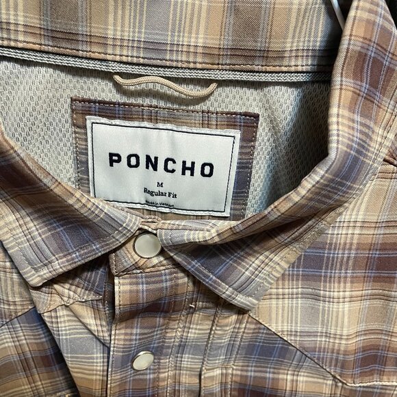 Poncho Mens Brown Plaid Short Sleeve Mens M - Picture 3 of 4
